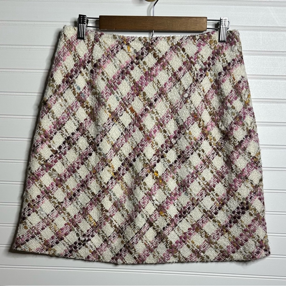 Talbots Tweed ALine Mini Skirt Cream Pink Green Wool Blend Italian Fabrics Sz 12